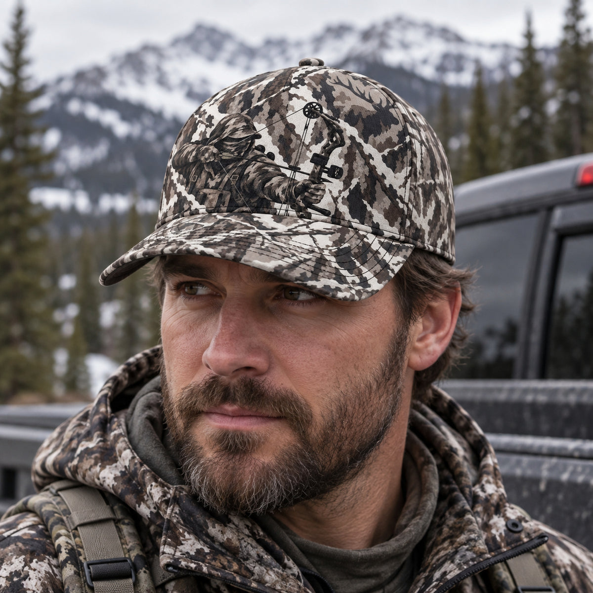 Snow Break Drawn Archer Classic Cap worn outdoors