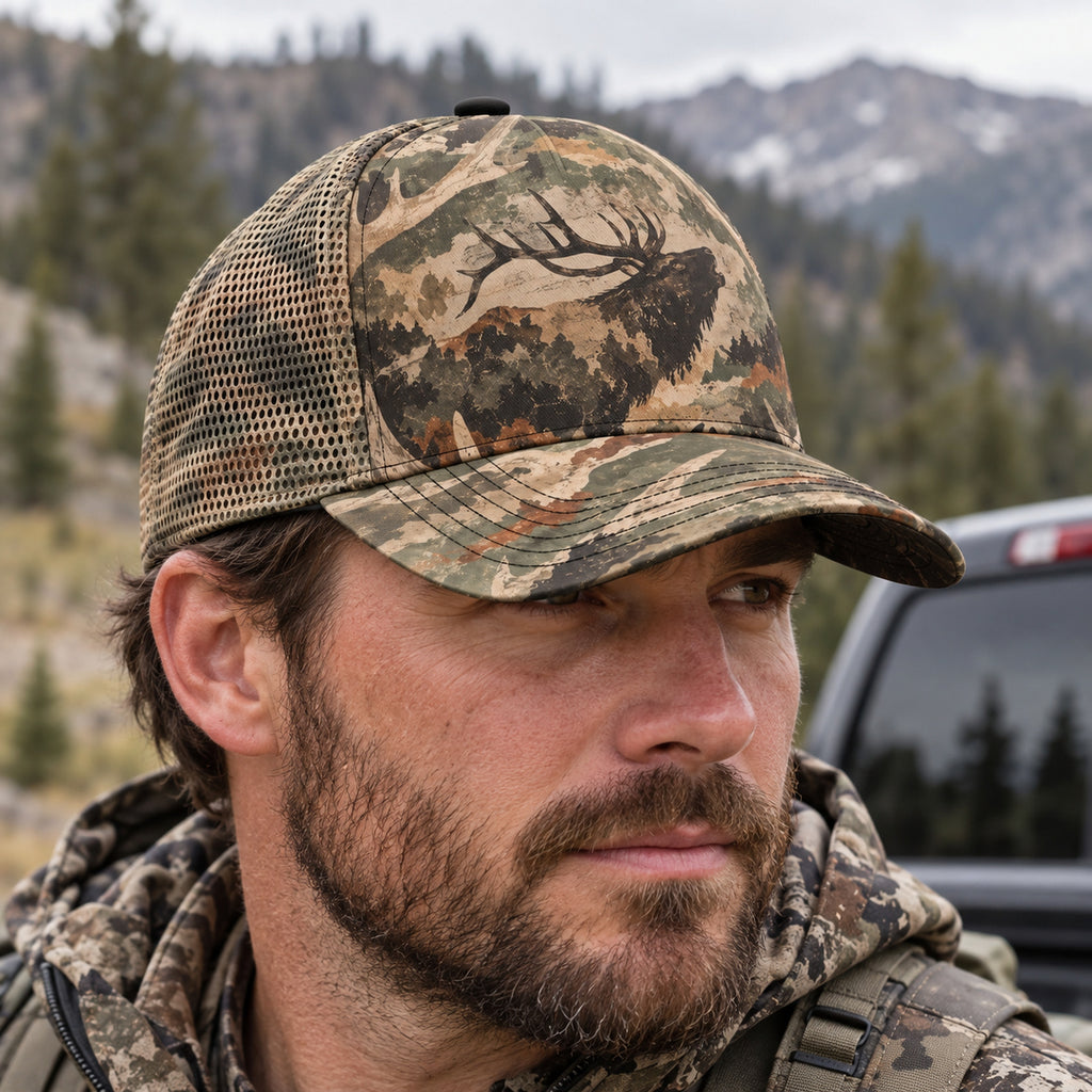 Timber Bugle Elk Mesh Cap 2.0 worn outdoors