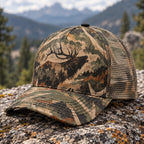 Timber Bugle Elk Mesh Cap 2.0 side view showing the all-over print mesh
