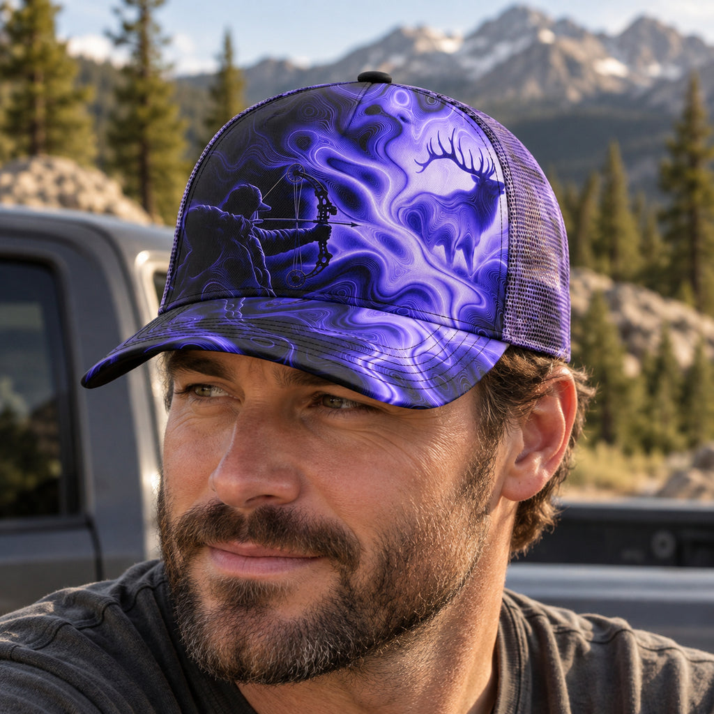 Violet Current Archer Mesh Cap 2.0 worn outdoors