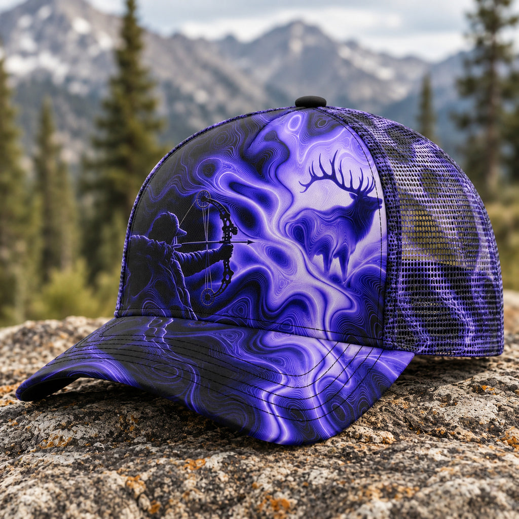 Violet Current Archer Mesh Cap 2.0 side view showing the all-over print mesh
