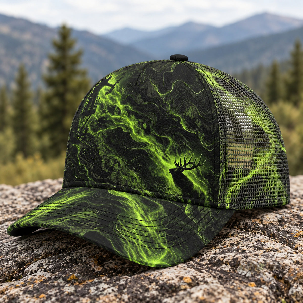 Aurora Bull Mesh Cap 2.0 side view showing the all-over print mesh