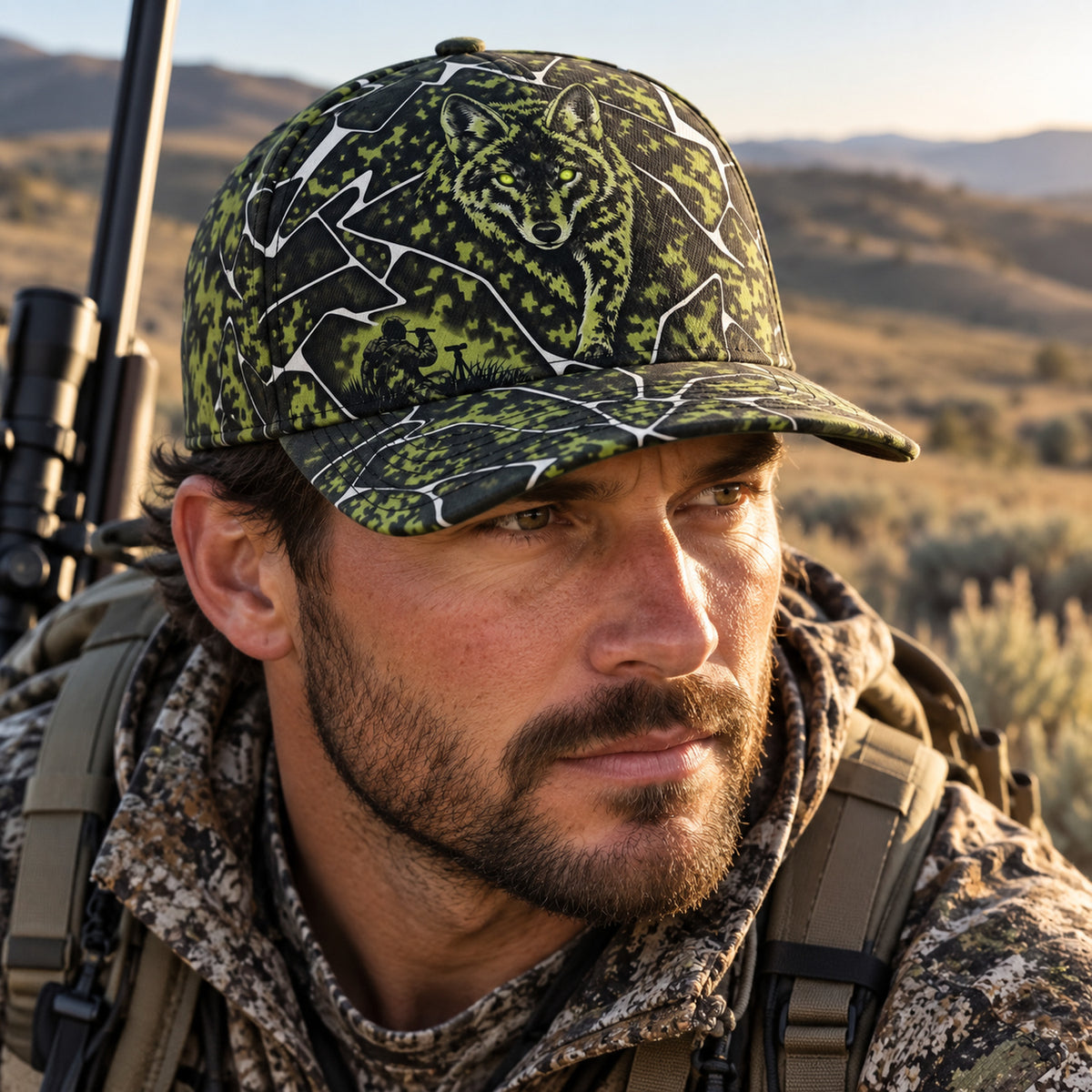 Green Camo Coyote Classic Cap worn outdoors