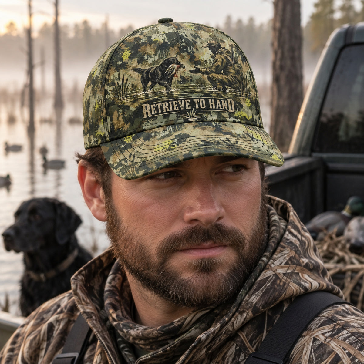 Retrieve To Hand Flooded Timber Camo Classic Cap on body
