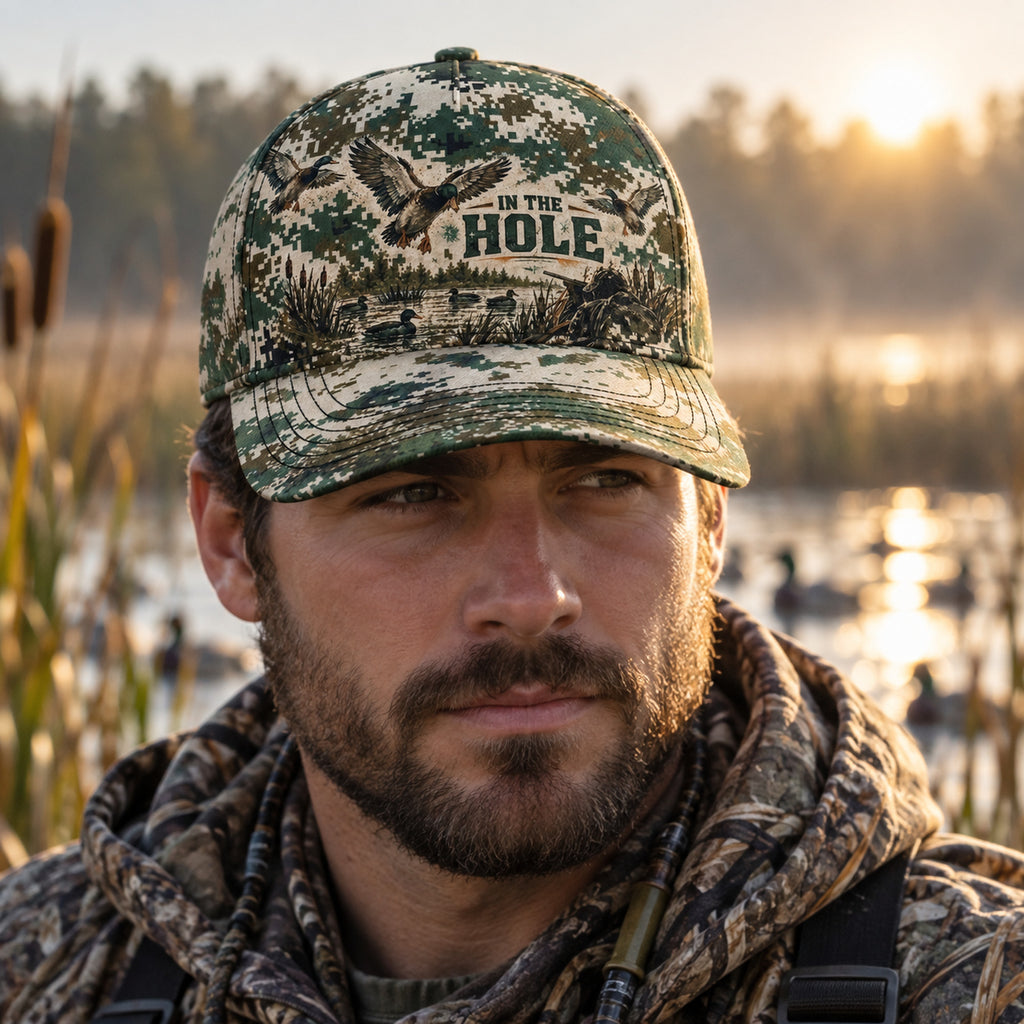 In The Hole Marsh Digital Camo Classic Cap worn outdoors