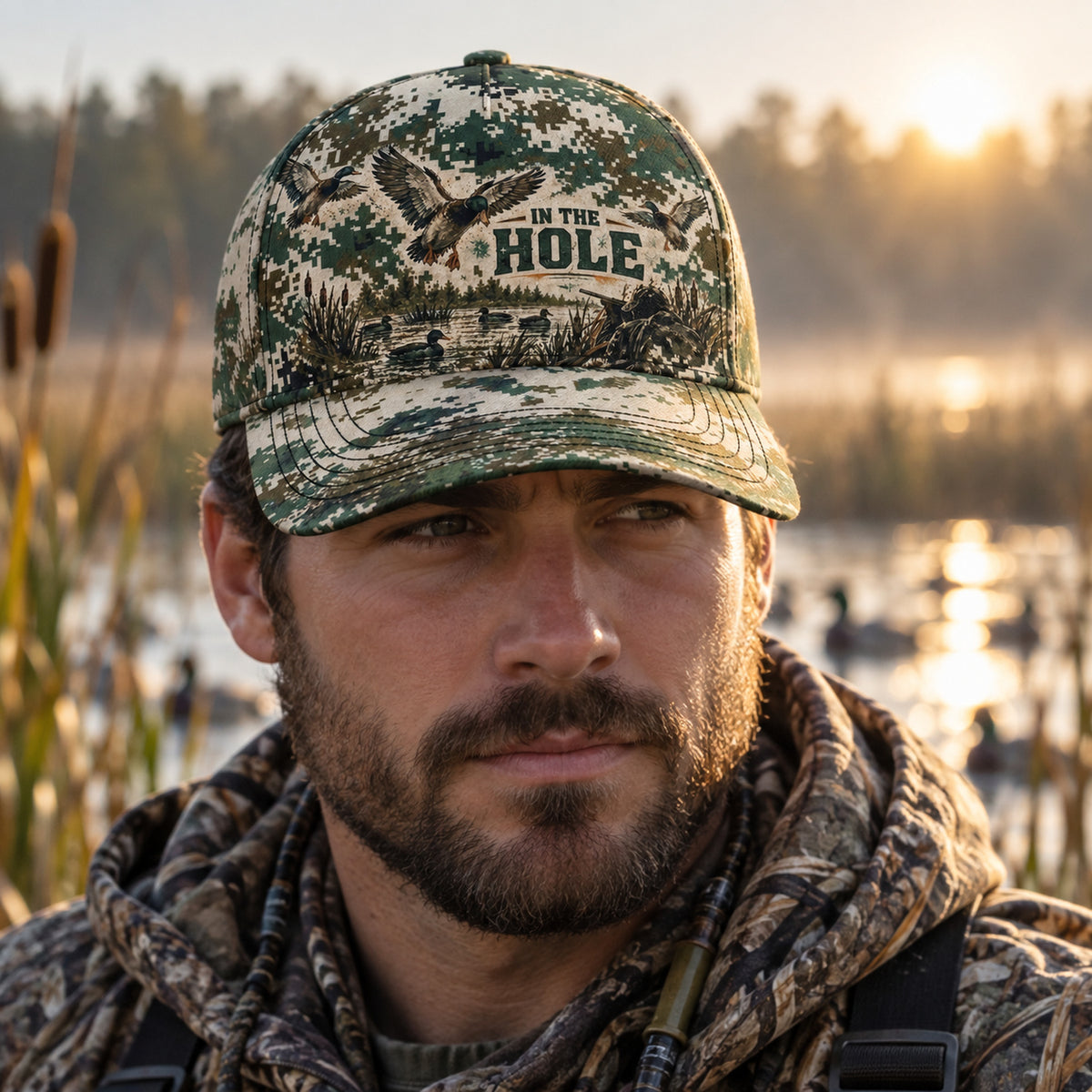 In The Hole Marsh Digital Camo Classic Cap worn outdoors