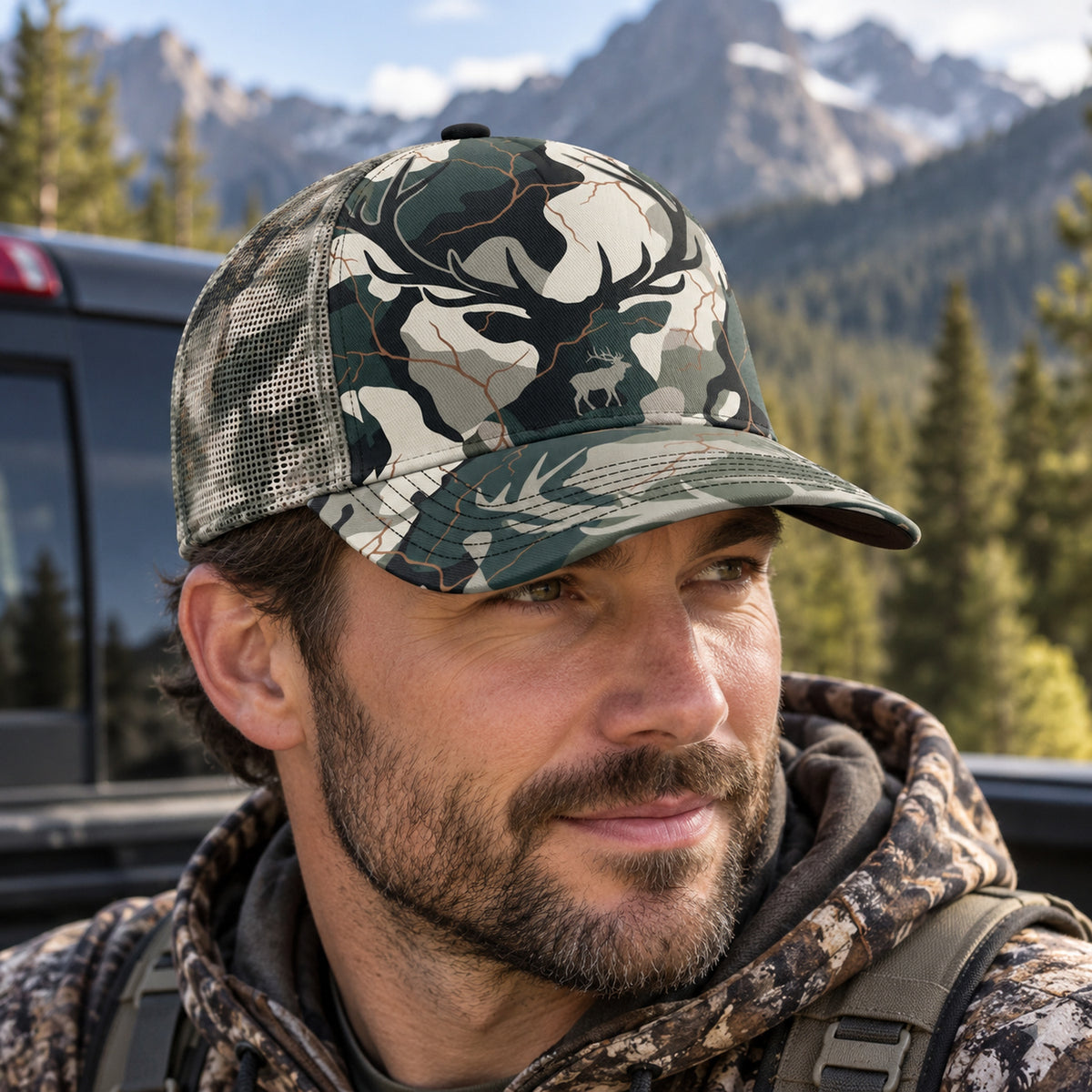 Antler Shadow Bull Mesh Cap 2.0 worn outdoors