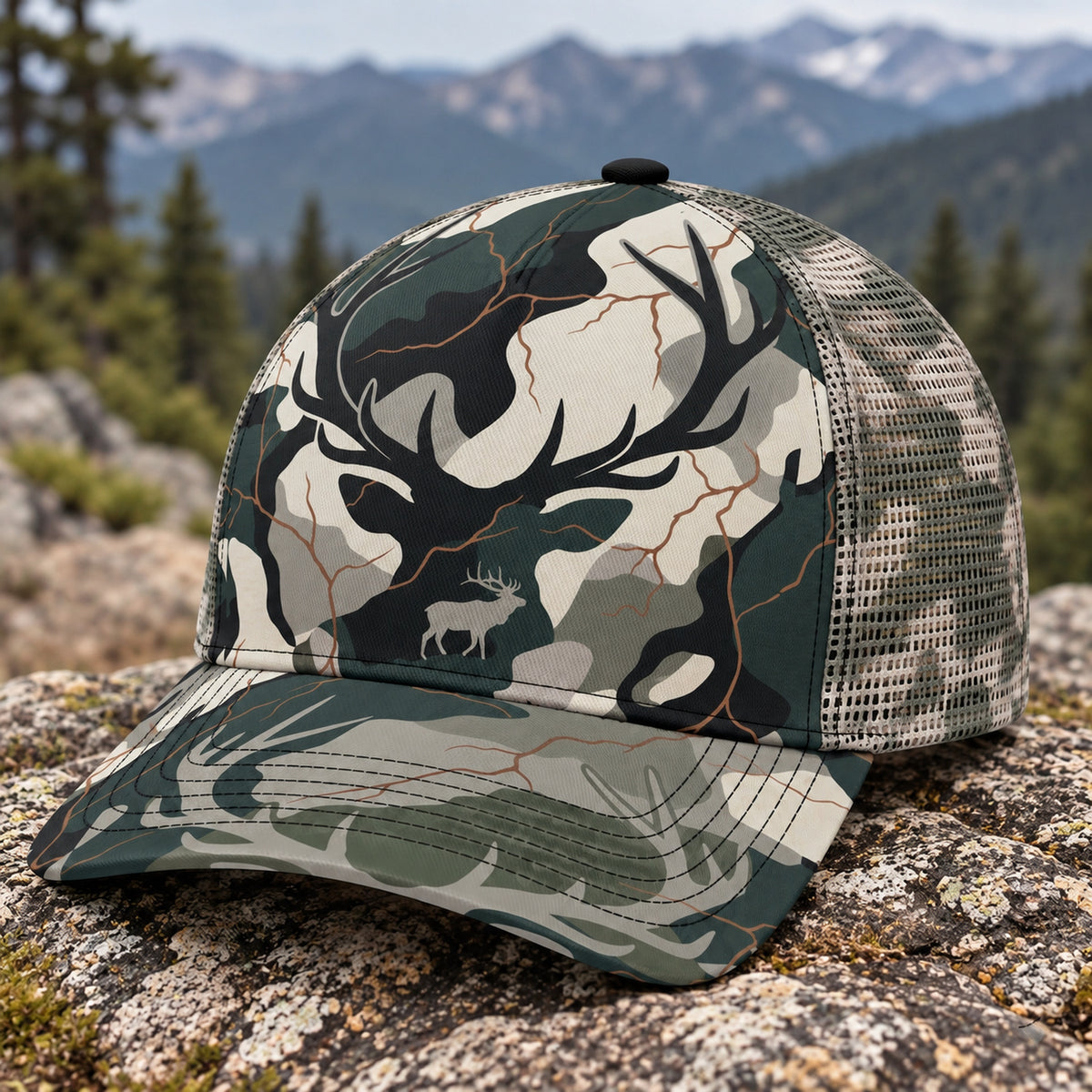 Antler Shadow Bull Mesh Cap 2.0 side view showing the all-over print mesh