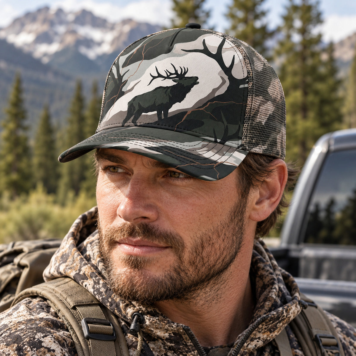 Pale Ridge Bugle Mesh Cap 2.0 worn outdoors