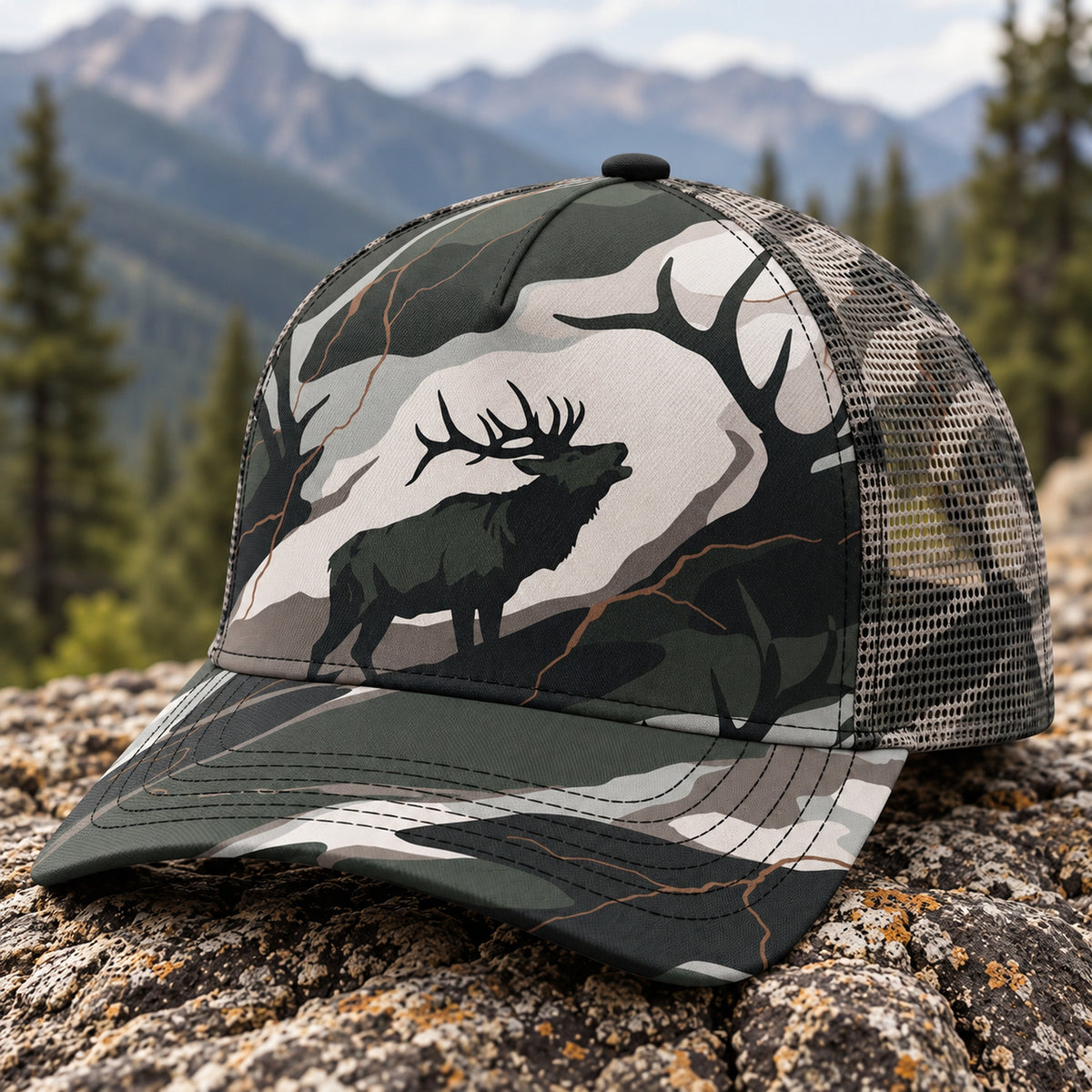 Pale Ridge Bugle Mesh Cap 2.0 side view showing the all-over print mesh