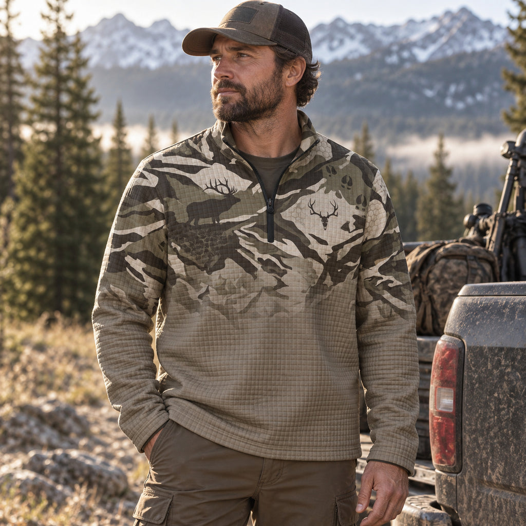 Ridge Elk Silhouette Camo Waffle Quarter-Zip Pull Over on body