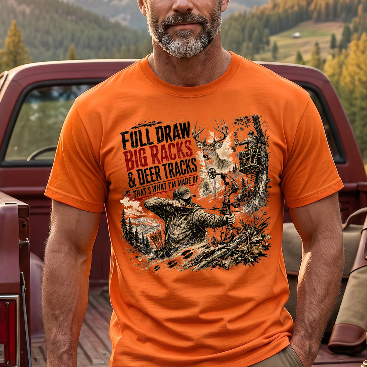 Full Draw Big Racks Deer Tracks Bowhunting T-Shirt worn on-body - Orange