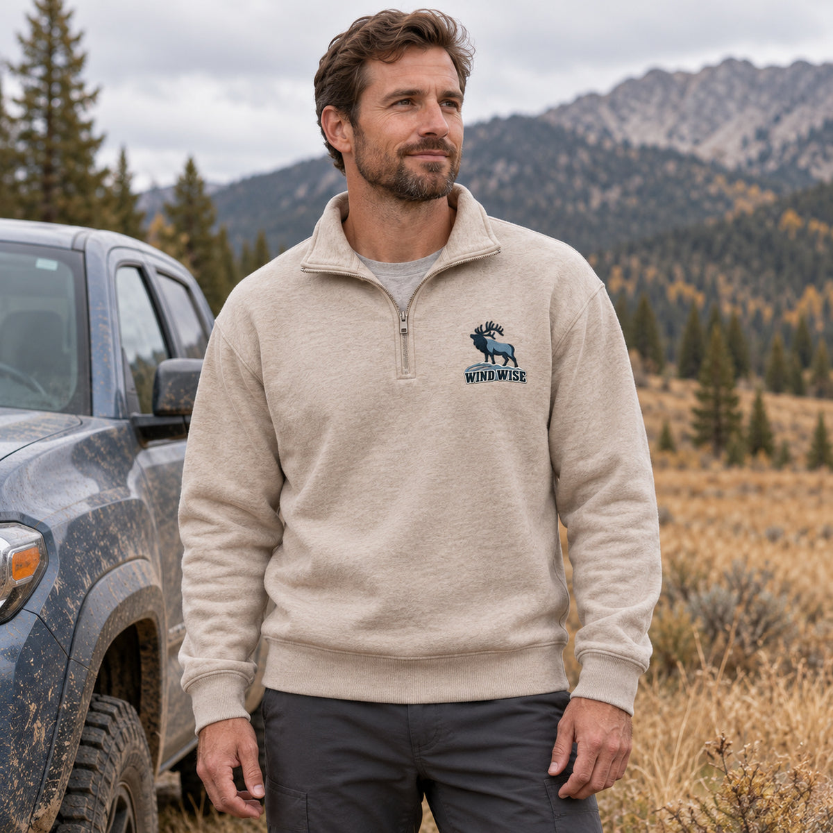 Wind Wise Elk Embroidered Quarter-Zip Sweatshirt - EHEQZ1006