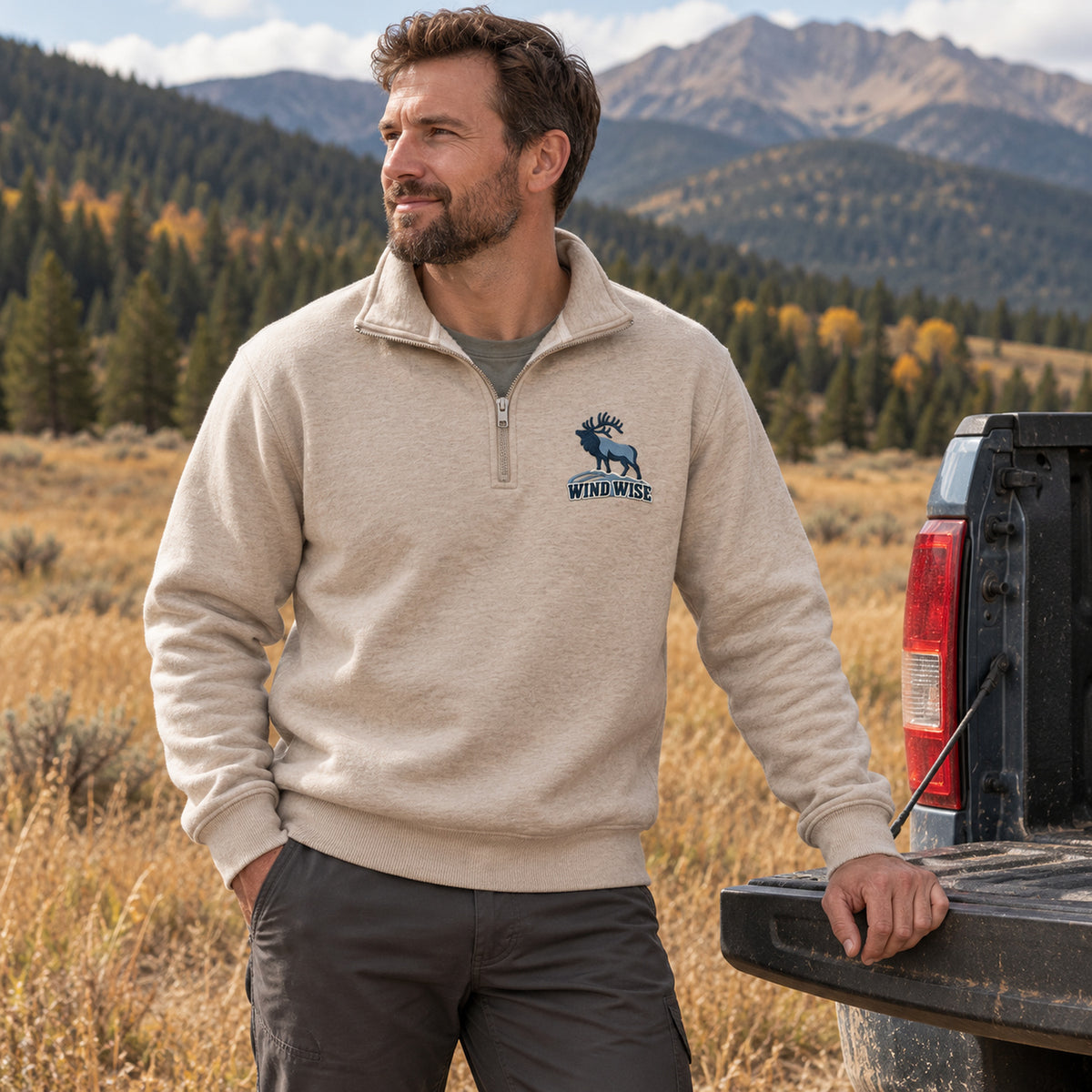 Wind Wise Elk Embroidered Quarter-Zip Sweatshirt - EHEQZ1006