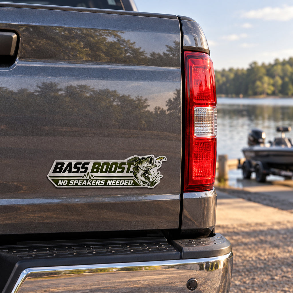 Bass and lure emblem mounted on a pickup truck tailgate, angled view