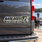 Bass and lure emblem on a truck tailgate, direct view