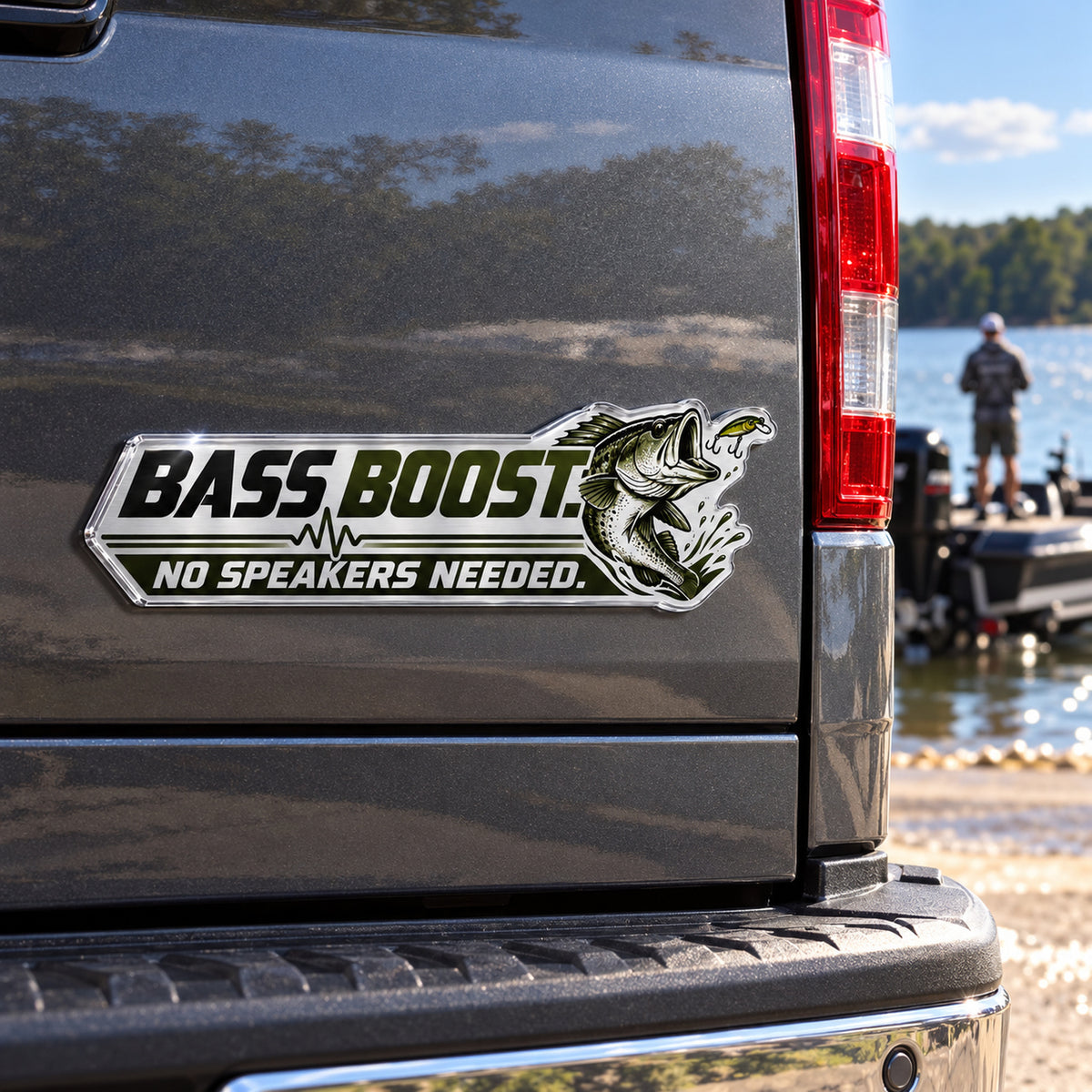 Bass and lure emblem on a truck tailgate, direct view