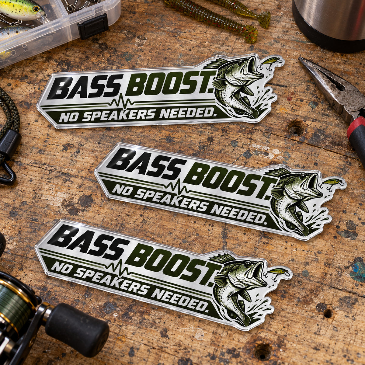 All three emblem sizes shown side by side in a garage
