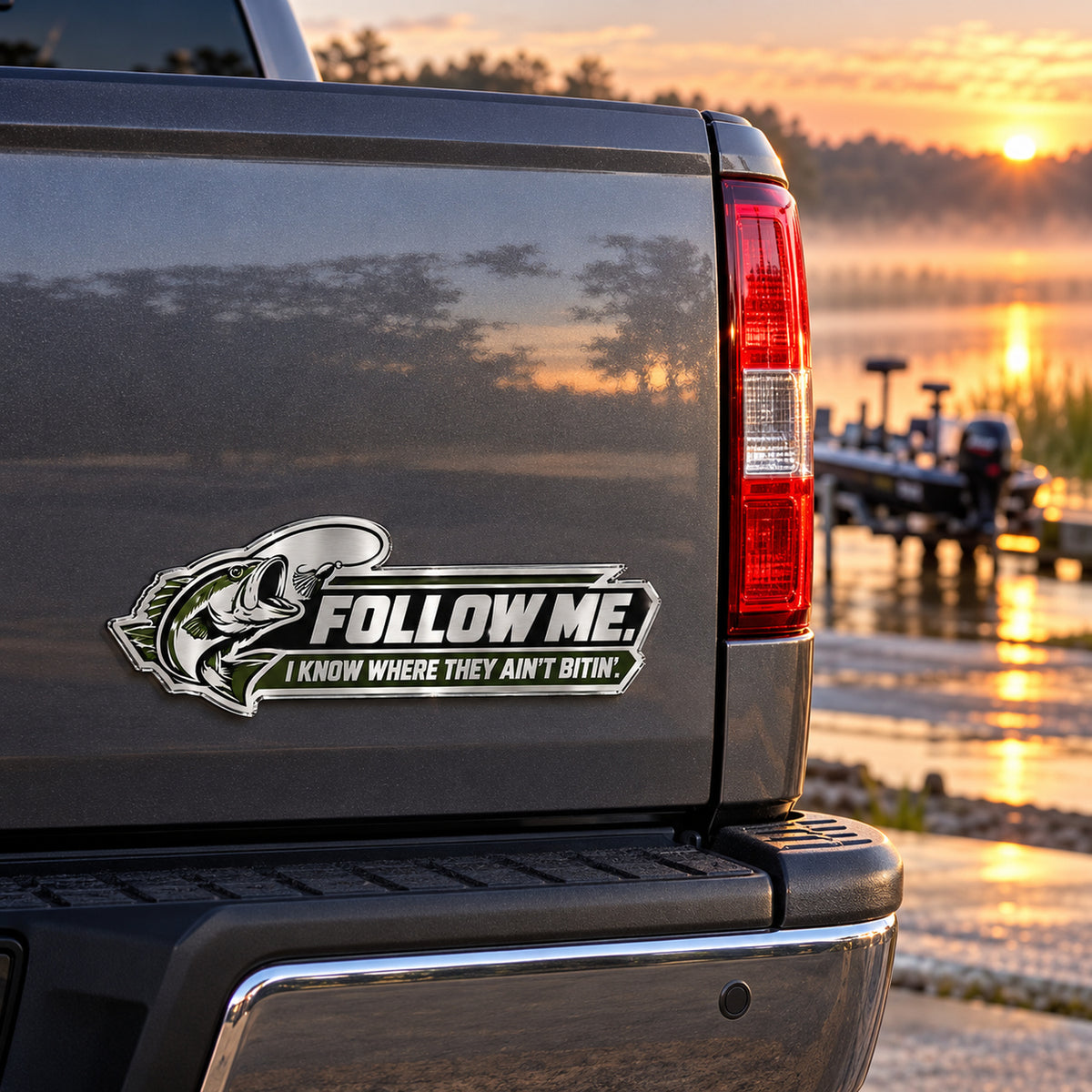 Largemouth bass and lure emblem mounted on a pickup truck tailgate, angled view