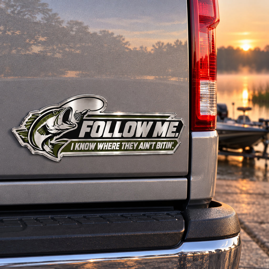 Largemouth bass and lure emblem on a truck tailgate, direct view