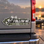 Largemouth bass and lure emblem on a truck tailgate, direct view