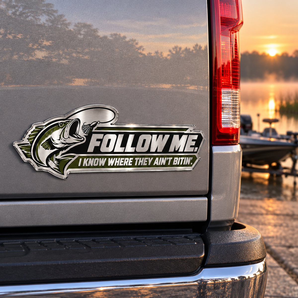 Largemouth bass and lure emblem on a truck tailgate, direct view