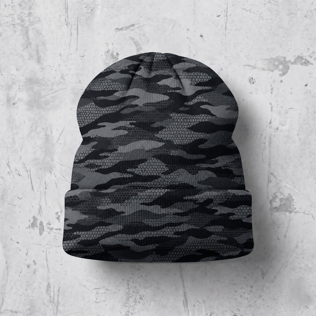 Back of the beanie showing the all-over camo print