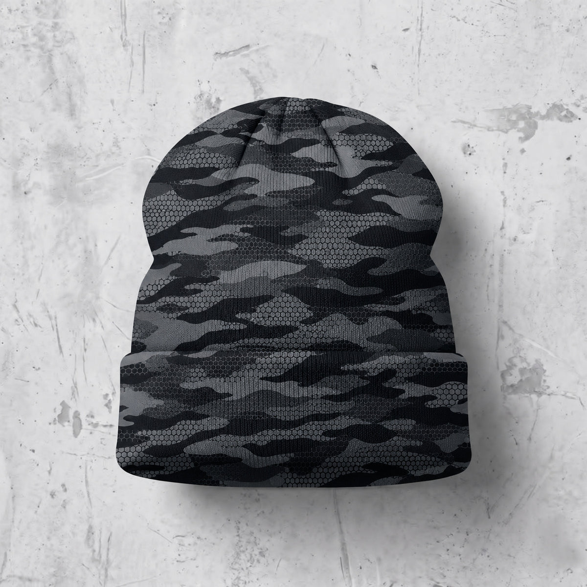 Back of the beanie showing the all-over camo print