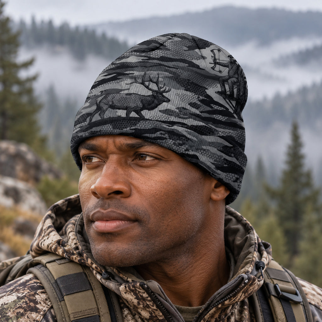 Hunter wearing the shadow timber elk camo beanie, front view
