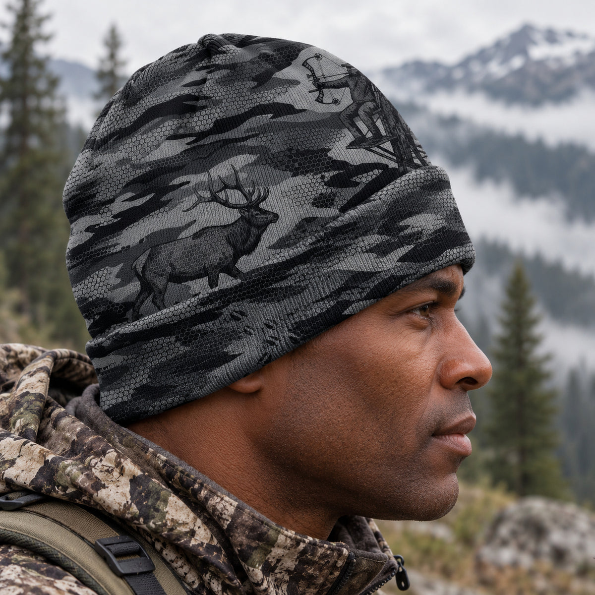 Hunter wearing the beanie, side view