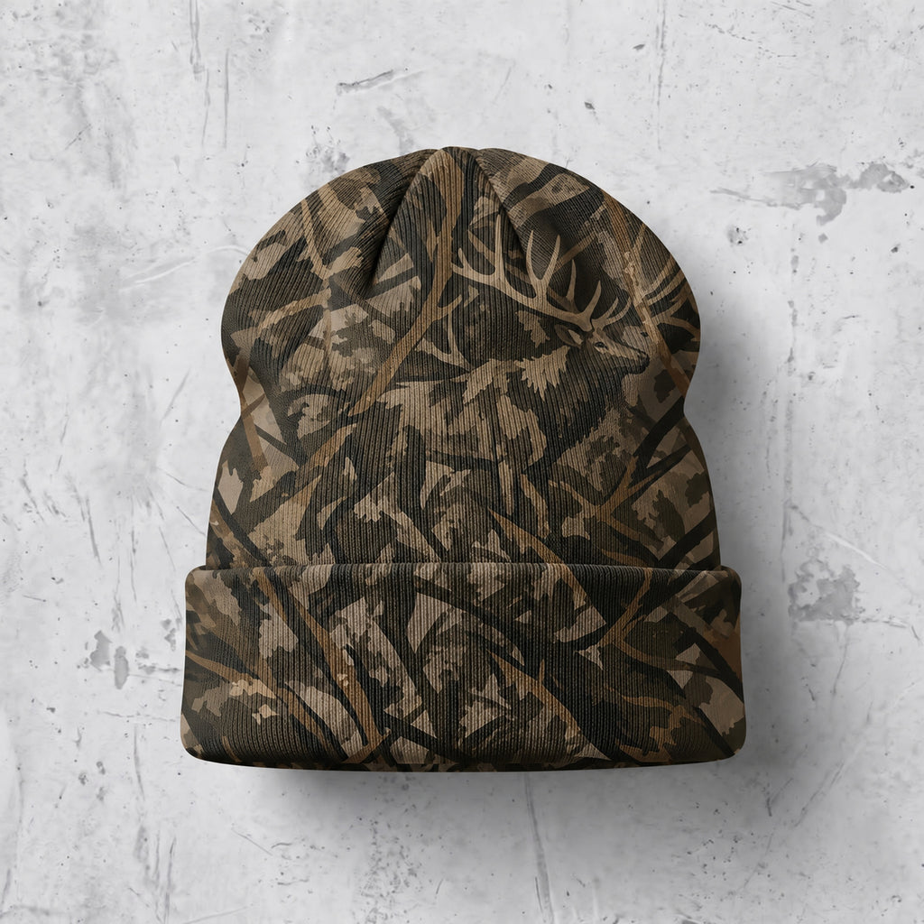 Back of the beanie showing the all-over camo print