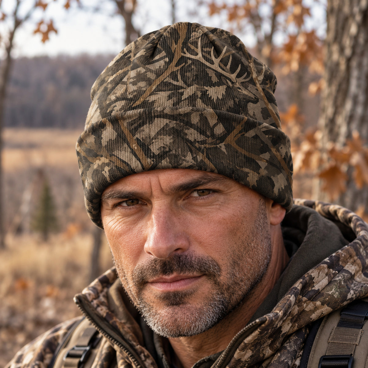 Hunter wearing the oak bottom elk camo beanie, front view