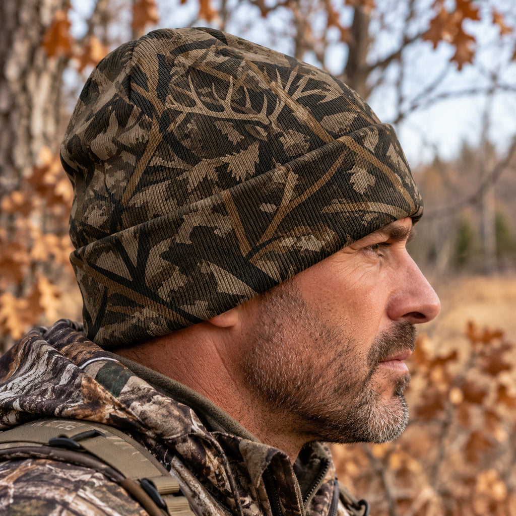 Hunter wearing the beanie, side view