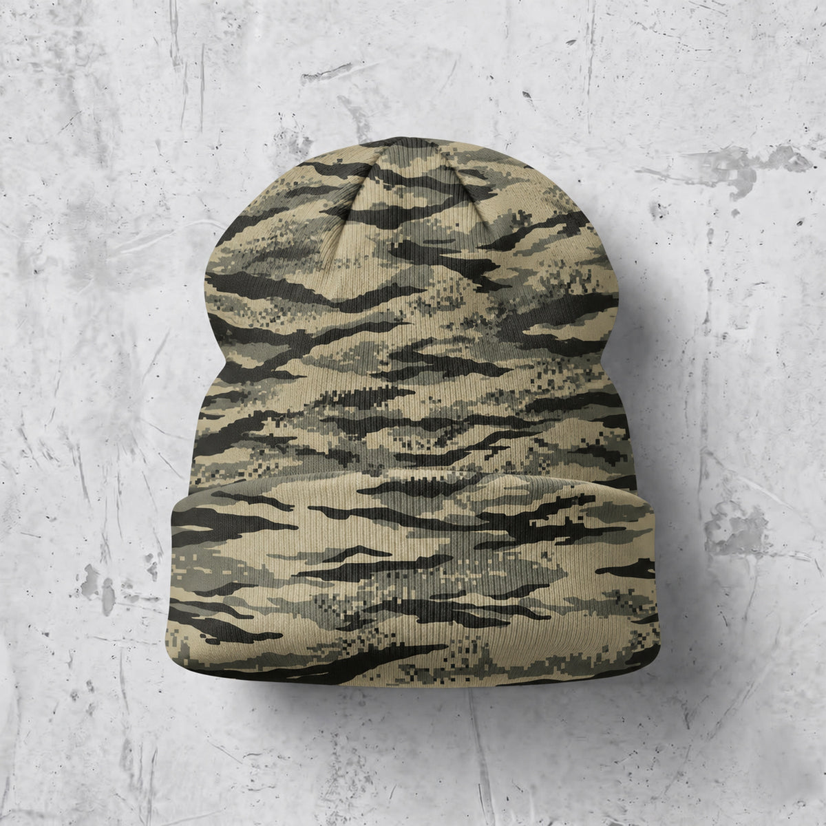 Back of the beanie showing the all-over camo print