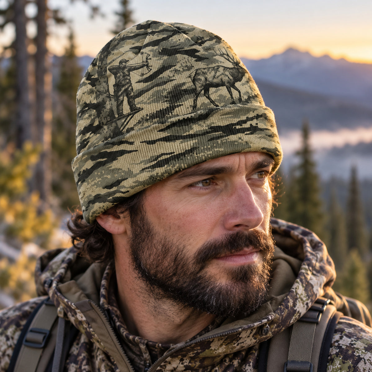Hunter wearing the sage draw elk camo beanie, front view