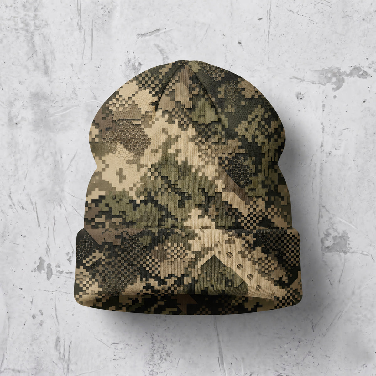 Back of the beanie showing the all-over camo print