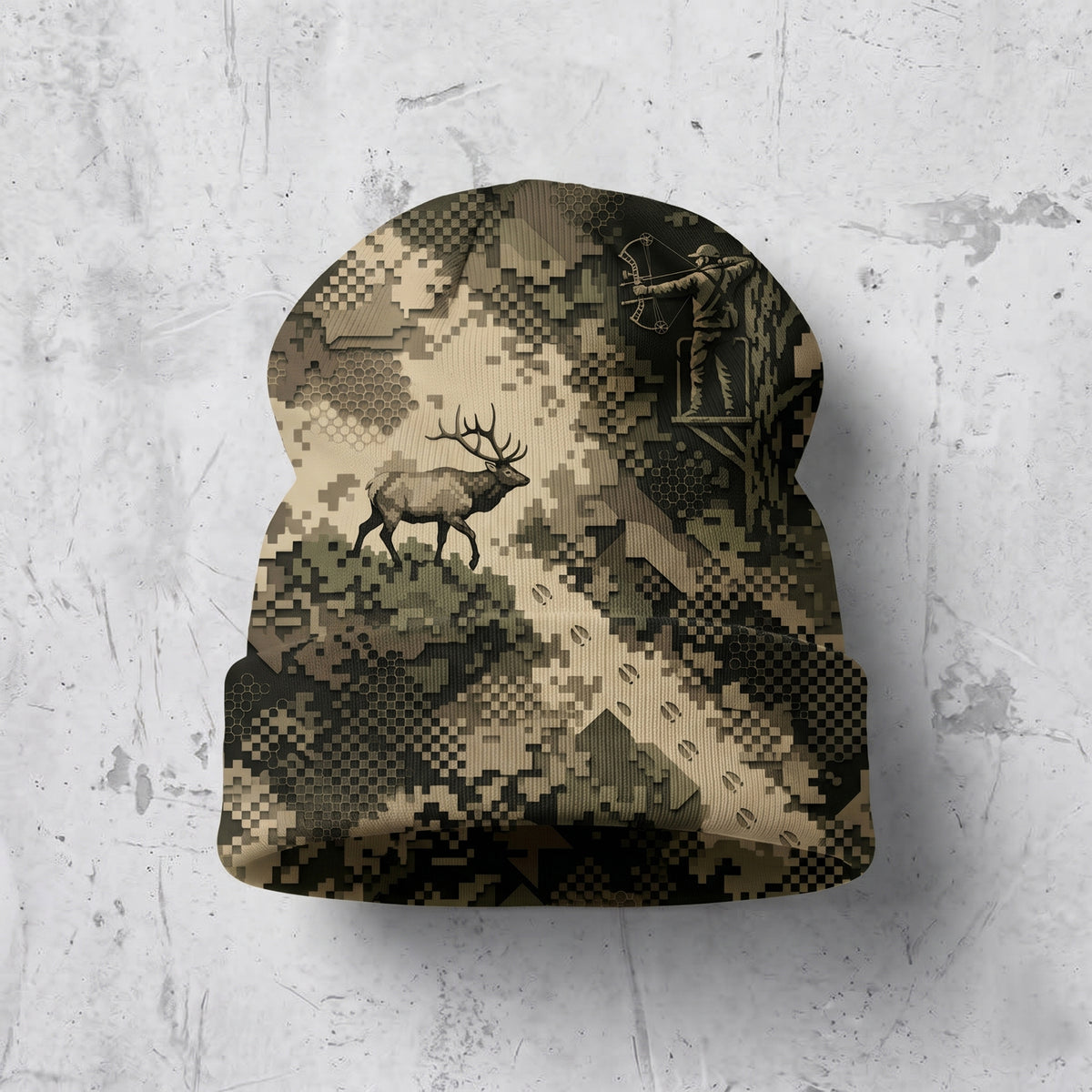 Pixel ridge elk camo knit beanie, full product view