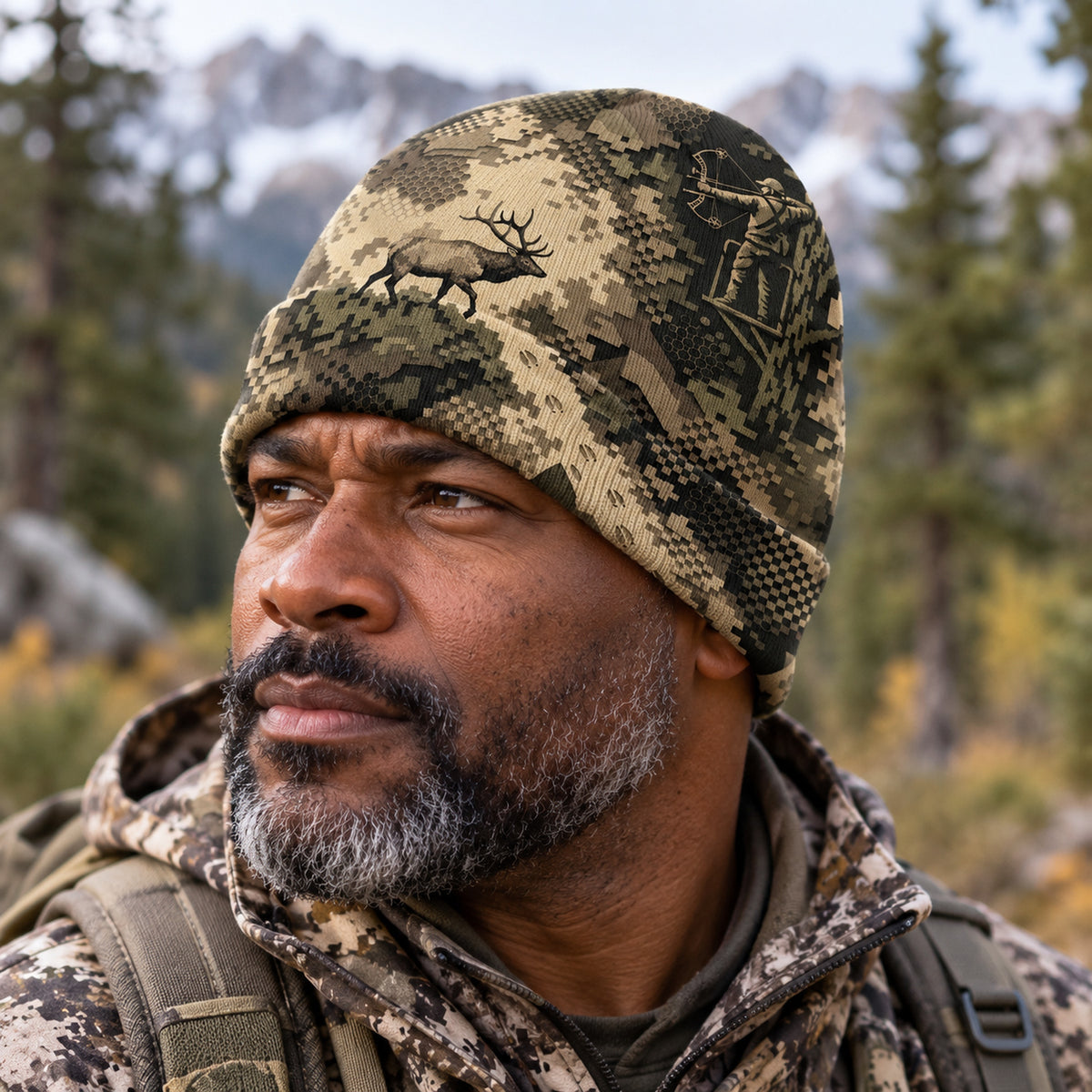 Hunter wearing the pixel ridge elk camo beanie, front view