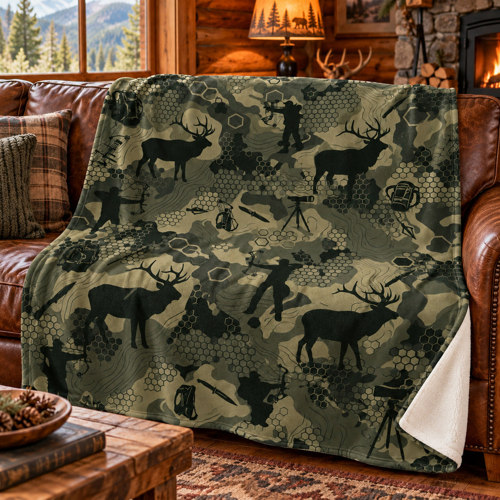 Olive Timber Bowhunt Fleece Blanket draped on a couch