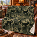 Olive Timber Bowhunt Fleece Blanket draped on a couch
