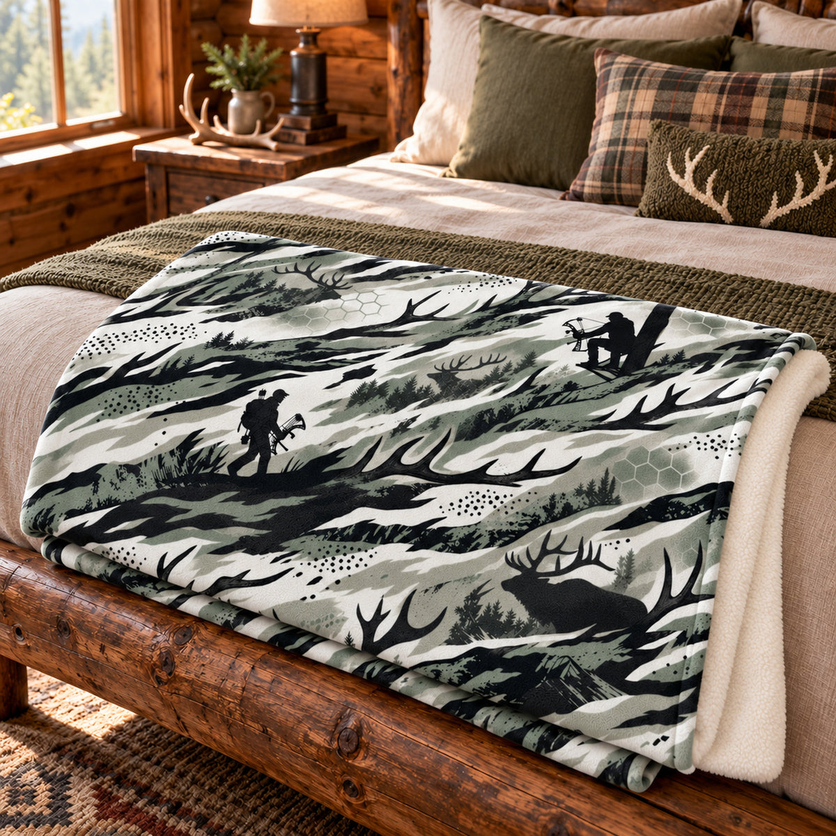 Sage Grass Draw Fleece Blanket folded on a bed