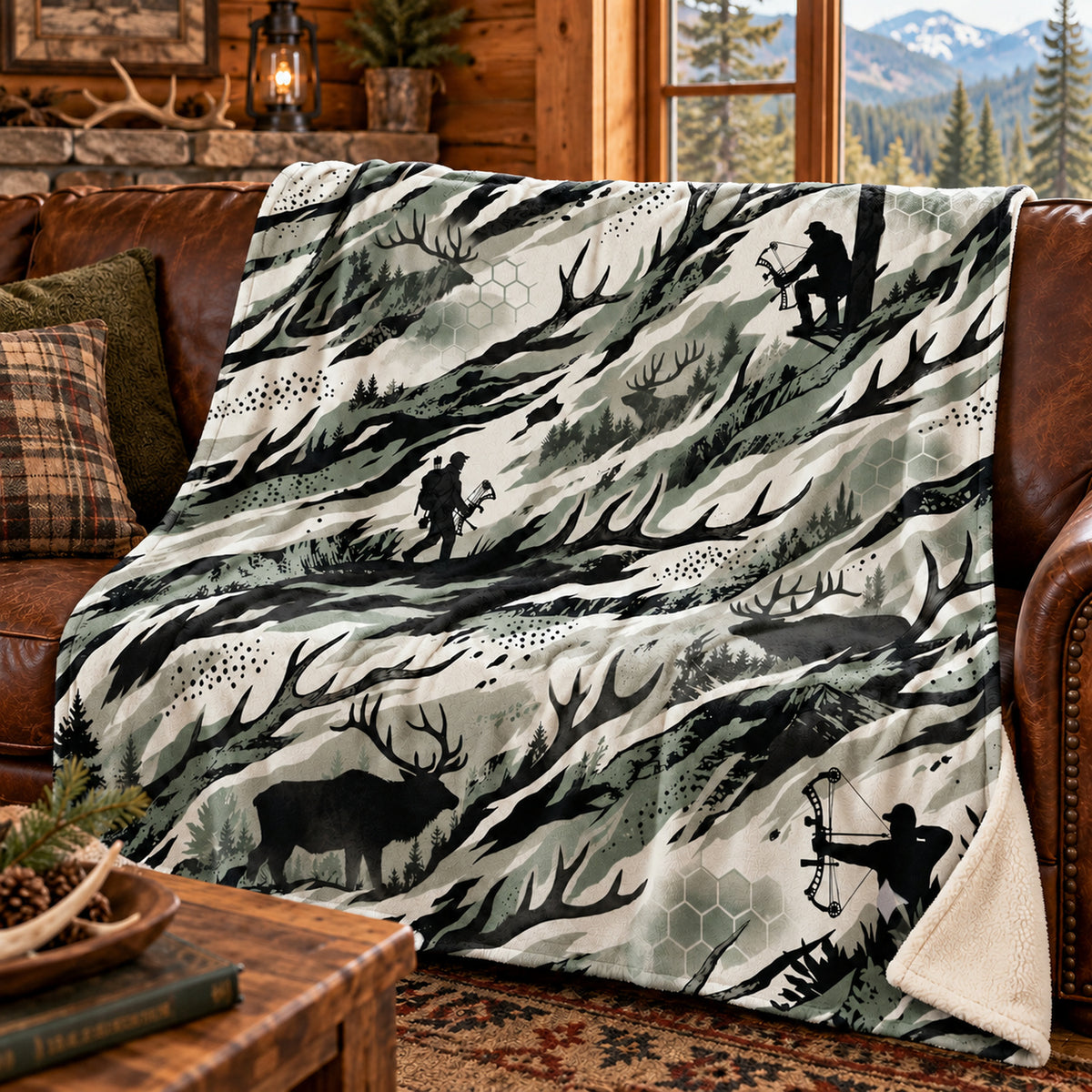 Sage Grass Draw Fleece Blanket draped on a couch