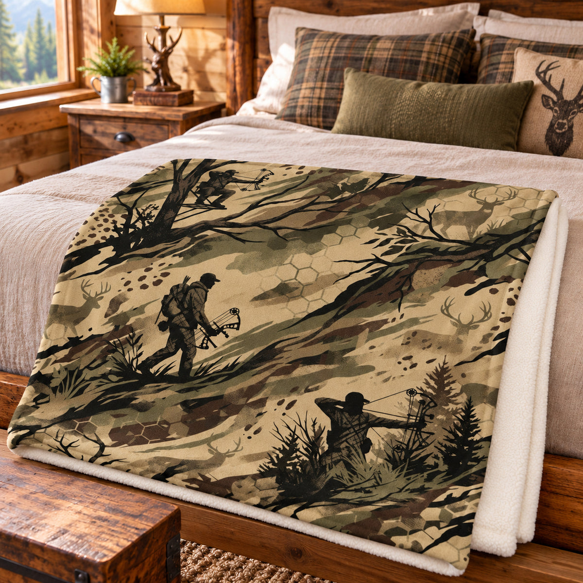 Hex Grass Stalk Fleece Blanket folded on a bed