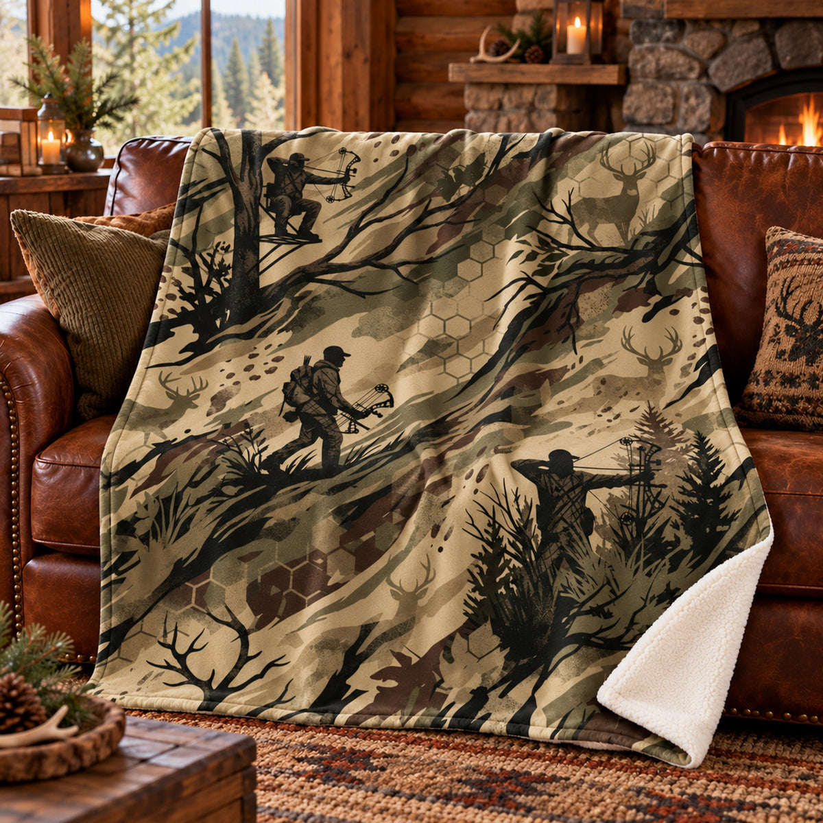 Hex Grass Stalk Fleece Blanket draped on a couch