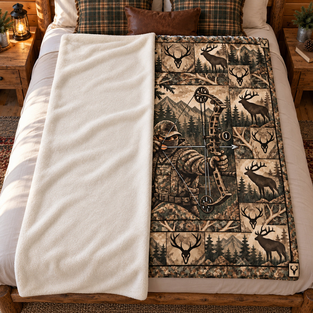 Quilt Panel Bowhunter Fleece Blanket showing the sherpa back