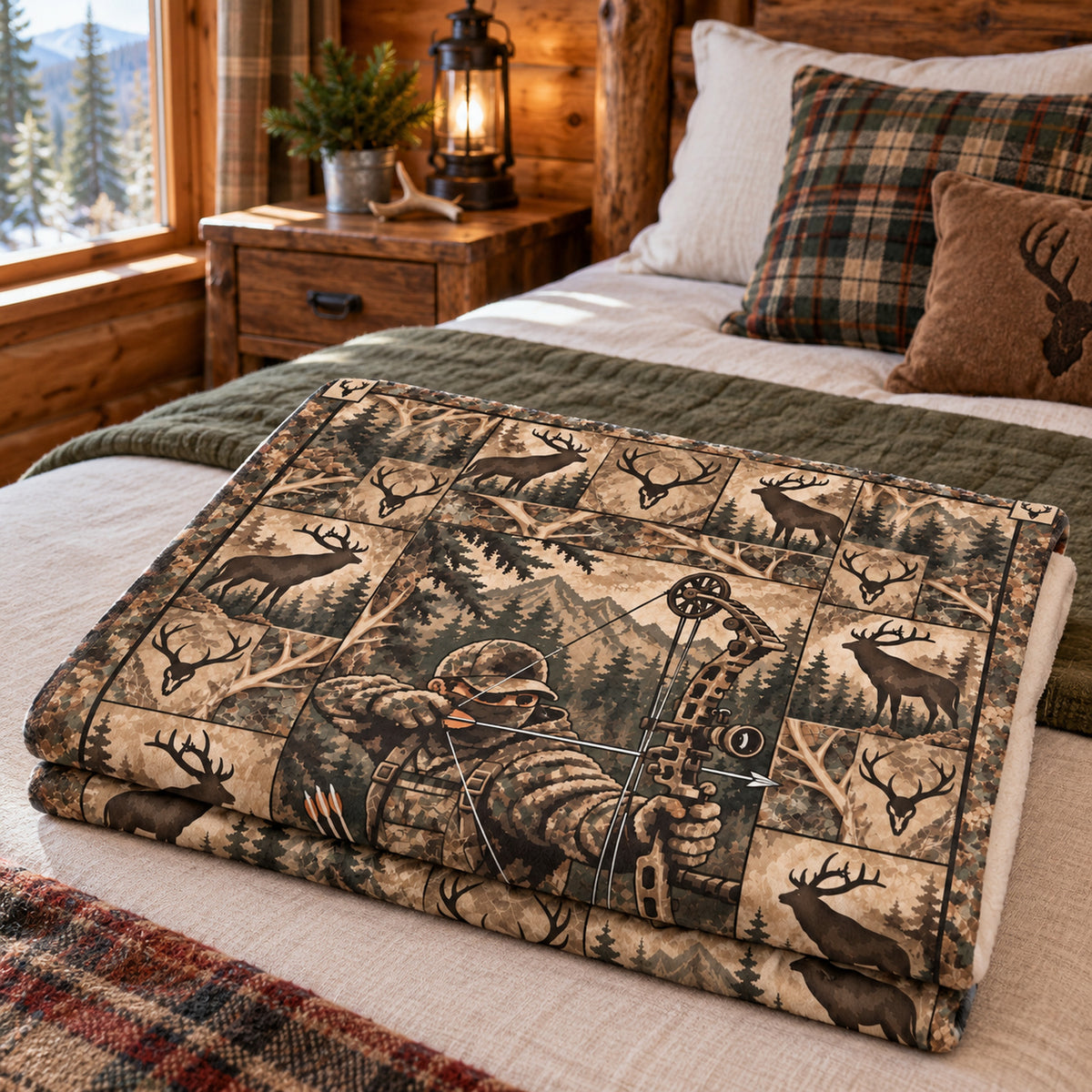 Quilt Panel Bowhunter Fleece Blanket folded on a bed