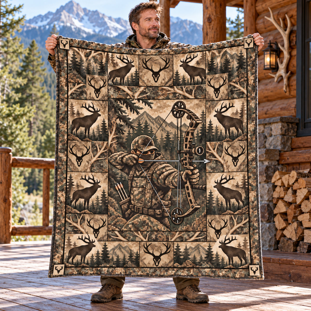Quilt Panel Bowhunter Fleece Blanket held open by a hunter