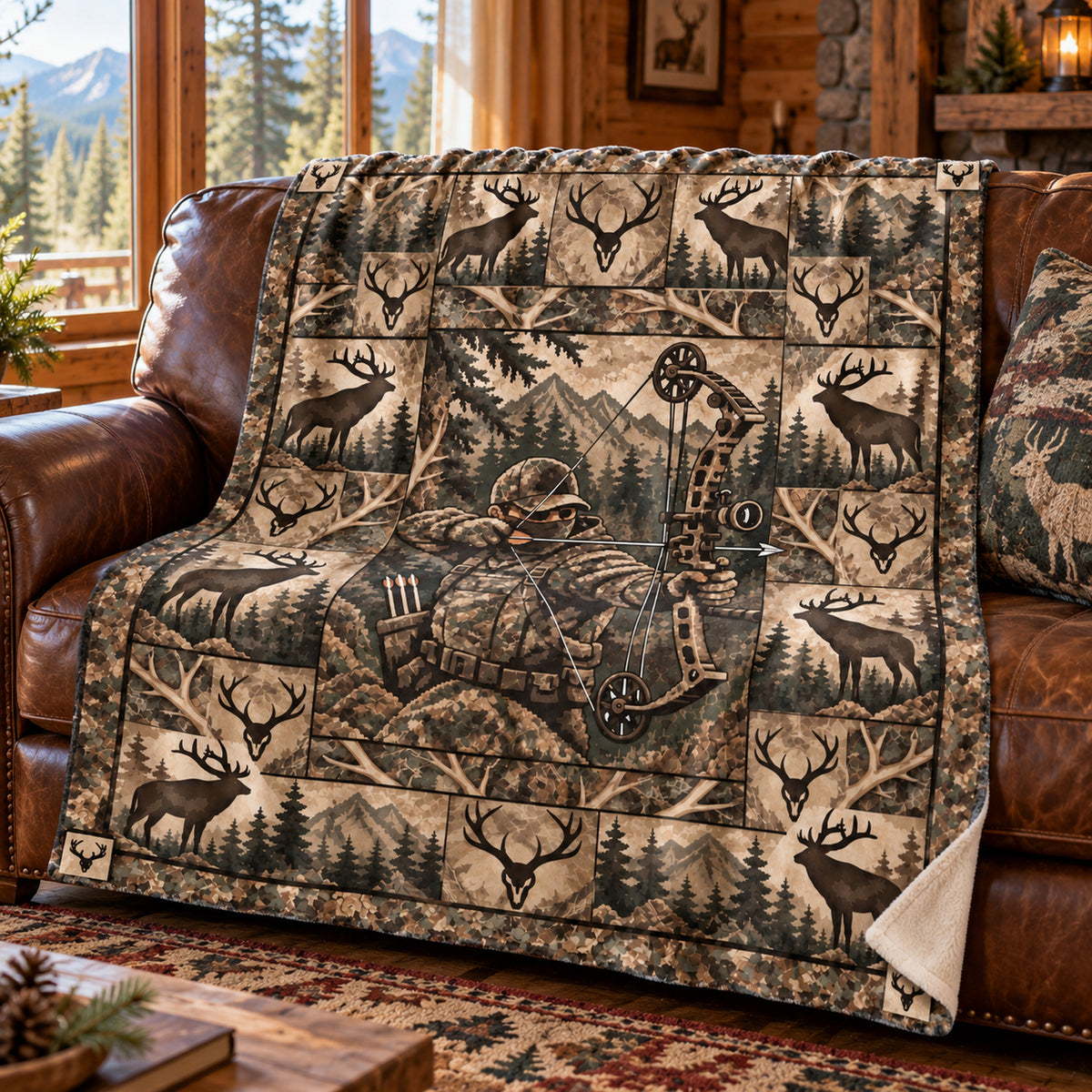 Quilt Panel Bowhunter Fleece Blanket draped on a couch