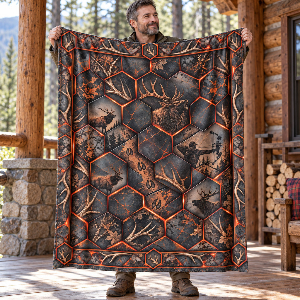Lava Comb Bull Fleece Blanket held open by a hunter