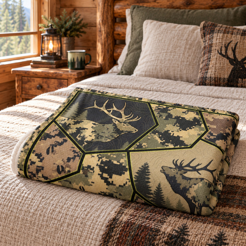 Digital Panel Elk Fleece Blanket folded on a bed